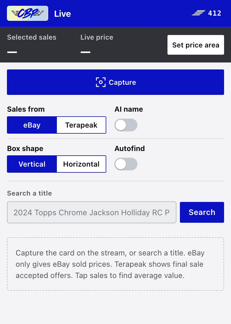 The Cardboard Pilot Live panel: selected sales, live price, one Capture button, Sales from (eBay or Terapeak), AI name, Box shape, Autofind, and a title search